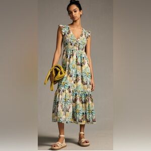 Anthropologie The Peregrine Midi Dress SM Chartreuse Smocked Cottagecore Peasant